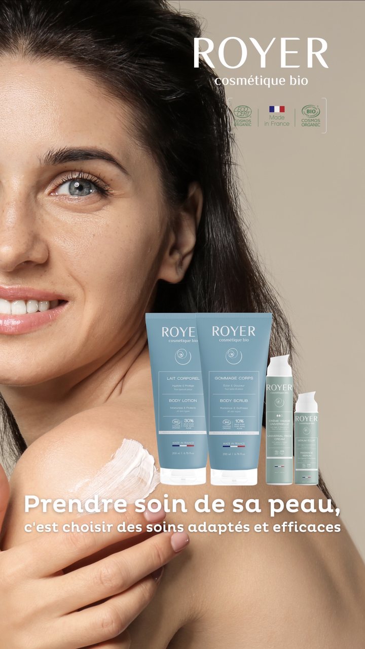 Le lait corporel, le gommage corps, la crème visage et le sérum Royer, devant une femme qui applique de la crème sur son épaule