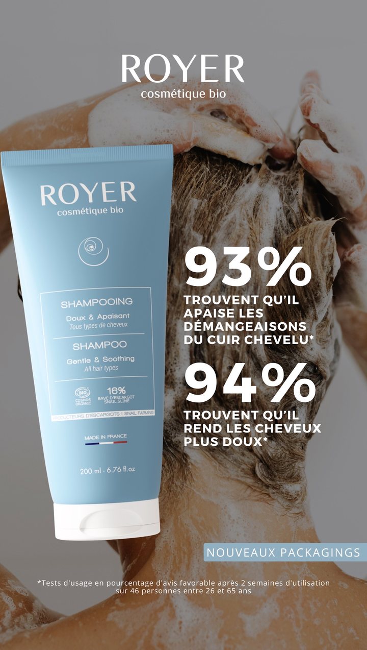 Le Shampooing Doux et Apaisant Royer, devant une chevelure pleine de mousse